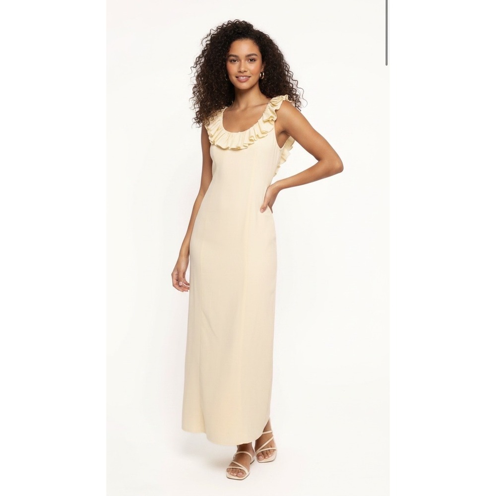 Petal & Pup Brienne Maxi Dress Butter Yellow Ruffle Low Back Linen Blend US 6